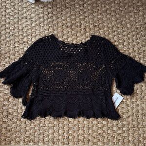 NWT Elegant Black Crochet Women's Top with bell sleeves